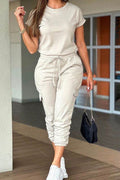 Crew Neck Short Sleeve Drawstring Waist Jumpsuit