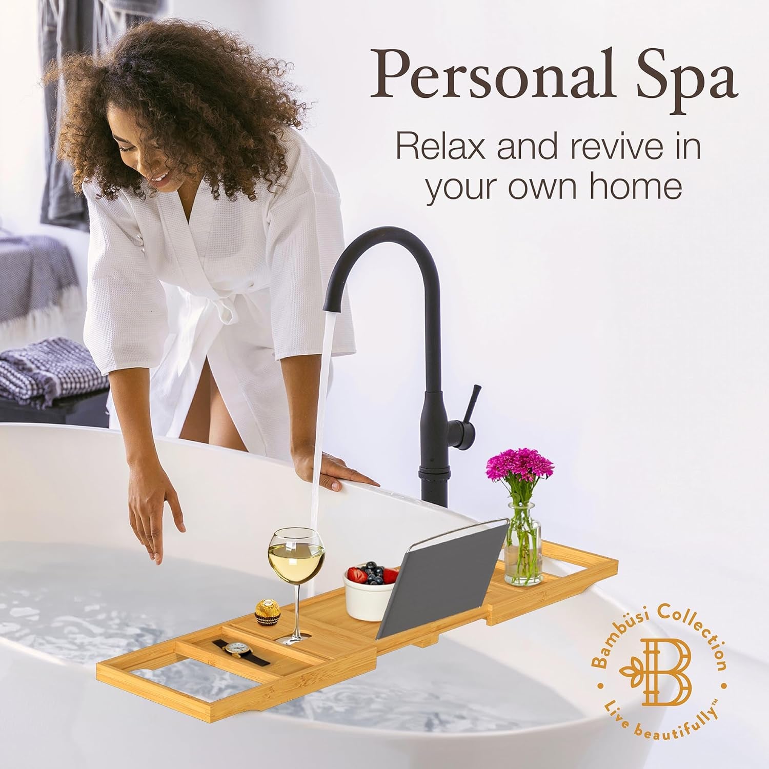 Bathtub Tray - Expandable Bamboo Bath Tray for Tub with Wine Glass Holder, Book & Tablet Stand - Wooden Bathtub Caddy Tray Table for Bathroom Accessories, Spa Relaxation, Housewarming & Wedding Gift