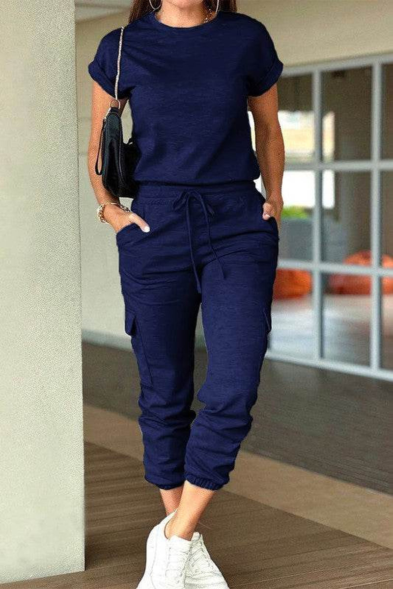 Crew Neck Short Sleeve Drawstring Waist Jumpsuit