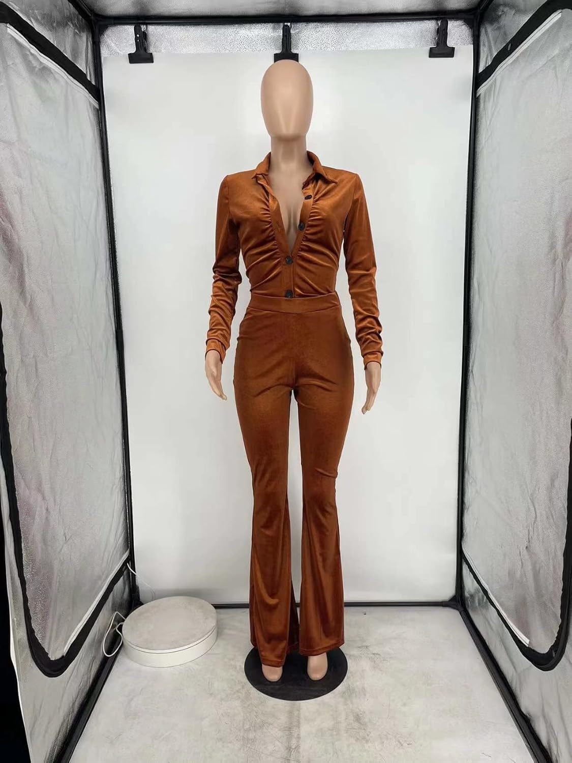 Velour Tracksuit Womens 2 Piece Outfits Pants Set - Women Velvet Long Sleeve Button down Shirt Tops and Bodycon Bell Bottom Flare Long Pants Jumpsuit Lounge Sets Sweatsuits Orange, L